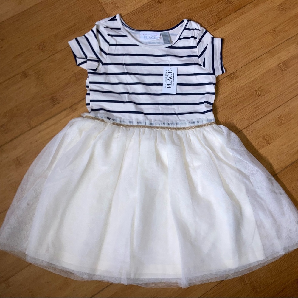 NWT Girls Size 3T Cream & Navy Striped Tulle Dress - Picture 2 of 2